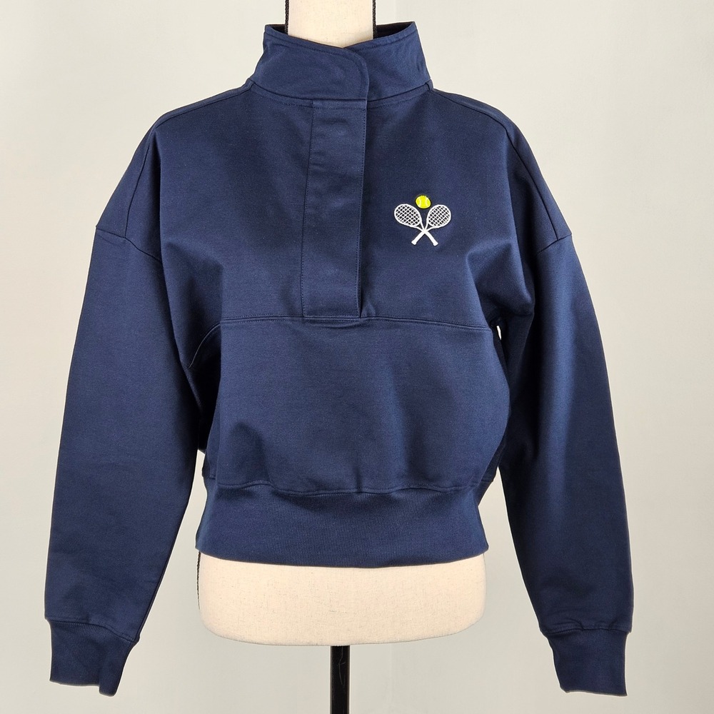 Ame & Lulu Warmup Pullover Womens S Navy Blue NEW Tennis Racquet Cropped